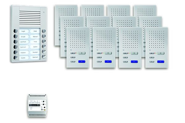 Sistema de control de puerta TCS audio: paquete AP para 12 unidades residenciales, con estación exterior PES 12 botones de timbre, 12 altavoces manos libres ISW3030, unidad de control, PPAF12-EN / 02