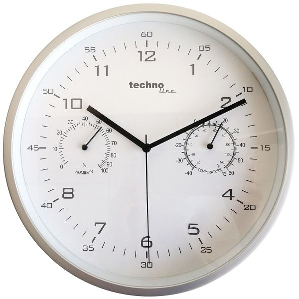 Reloj de pared Technoline de cuarzo, estructura de plástico, dimensiones: Ø 250 mm, indicador de temperatura interna, indicador de humedad del aire interno, WT 653