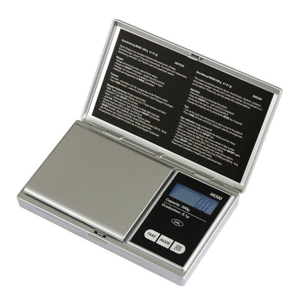 Báscula de bolsillo PESOLA con capacidad 500g plata, graduación 0.1g, plataforma de acero inoxidable, CE, RoHS, MS500