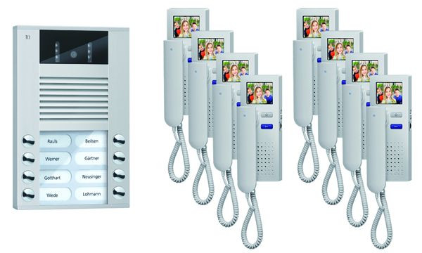 Video del sistema de control de puerta TCS: paquete AP para 8 unidades residenciales, con estación de puerta principal AVE 8 botones de timbre, 8 videoporteros IVH3222, control, PVE1580-0010