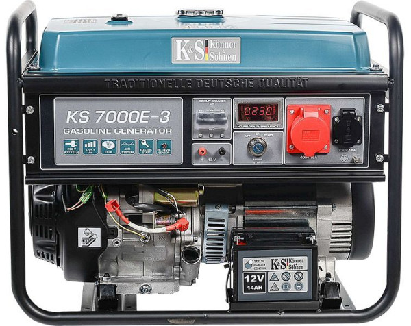 Könner & Söhnen Generador eléctrico de gasolina de 5500W, 1x16A(230V)/1x16A(400V), 12V, regulador de voltaje, protección contra bajo nivel de aceite, protección contra sobretensiones, pantalla, KS 7000E-3