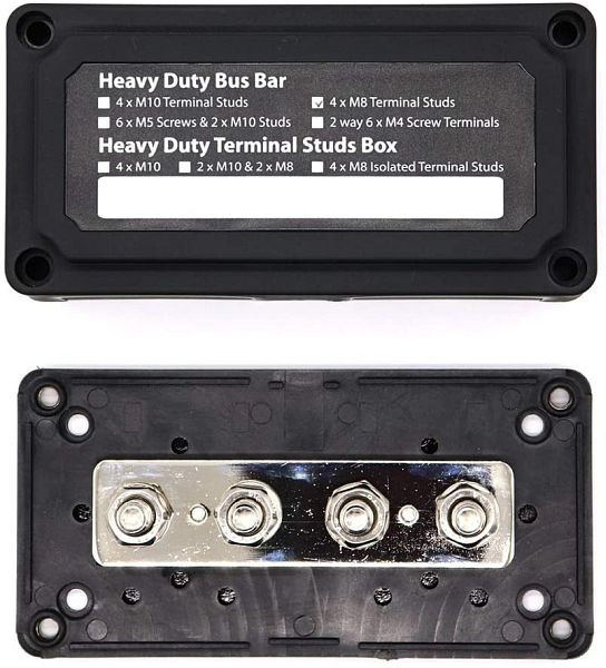 Offgridtec BusBar Box 4 x tornillos de conexión M8 incluyendo tapa y tornillos de fijación negro, 8-01-012830