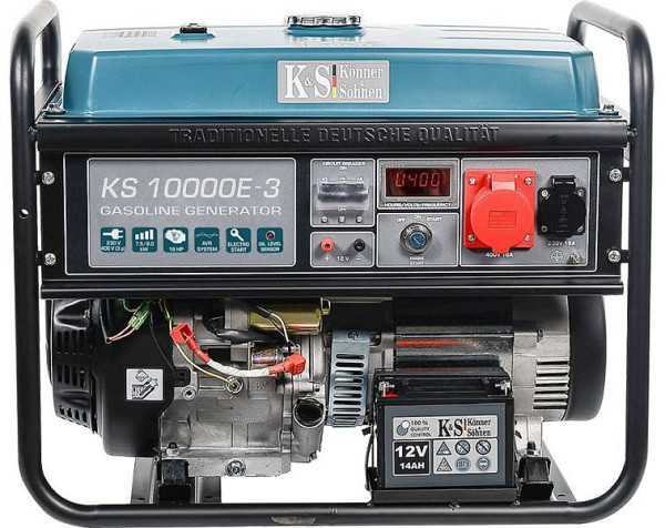 Könner & Söhnen Generador eléctrico de gasolina de 8000W, 1x16A(230V)/1x16A(400V), 12V, regulador de voltaje, protección contra bajo nivel de aceite, protección contra sobretensiones, pantalla, KS 10000E-3