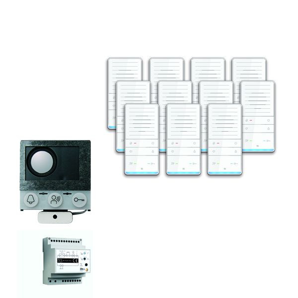 Sistema de control de puerta TCS audio: paquete de instalación para 11 unidades residenciales, con altavoz integrado ASI12000, 11 altavoces manos libres ISW5031, unidad de control BVS20, PAIF110 / 002