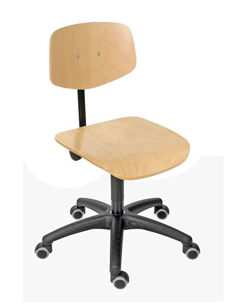 Silla de trabajo Lotz, asiento/respaldo de haya natural, lacado, base de plástico negro, ruedas dobles, altura del asiento 445-635 mm, 6162.12