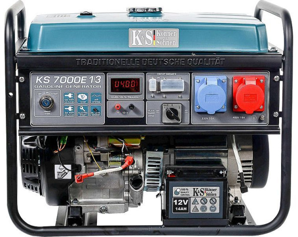 Könner & Söhnen Generador eléctrico de gasolina de 5500W, 1x32A(230V)/1x16A(400V), 12V, regulador de voltaje, protección contra bajo nivel de aceite, protección contra sobretensiones, pantalla, KS 7000E-1/3