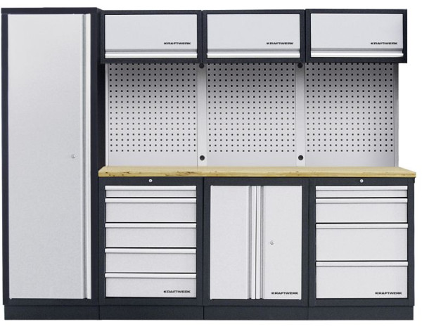 Sistema de armario de taller Kraftwerk MOBILIO de 4 elementos, con pared cuadrada perforada, 3964B
