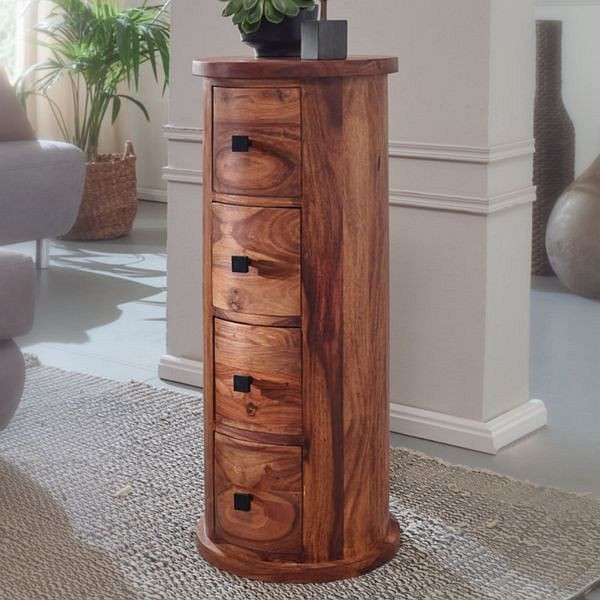 Wohnling Design Aparador de madera maciza de sheesham 35x85x35 cm, con 4 cajones, redondo, WL6.148