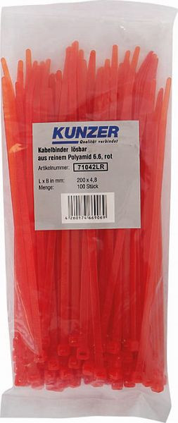 Kunzer Bridas para cables 200 x 4,8 rojas (100 piezas) desmontables, 71042LR