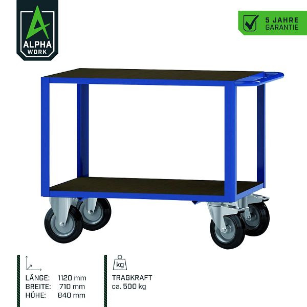 Carro de mesa Alpha Work Basic, 1120 x 710 x 840 mm, azul genciana, capacidad de carga 500 kg, 07277