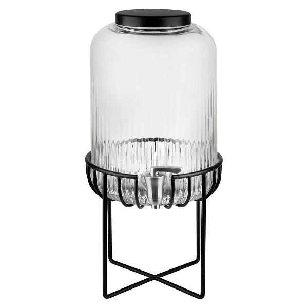 Dispensador de bebidas APS -URBAN-, Ø 22 x 45 cm, recipiente de cristal, grifo de acero inoxidable, estructura de metal, alfombrilla antideslizante de silicona, 7 litros, 10451