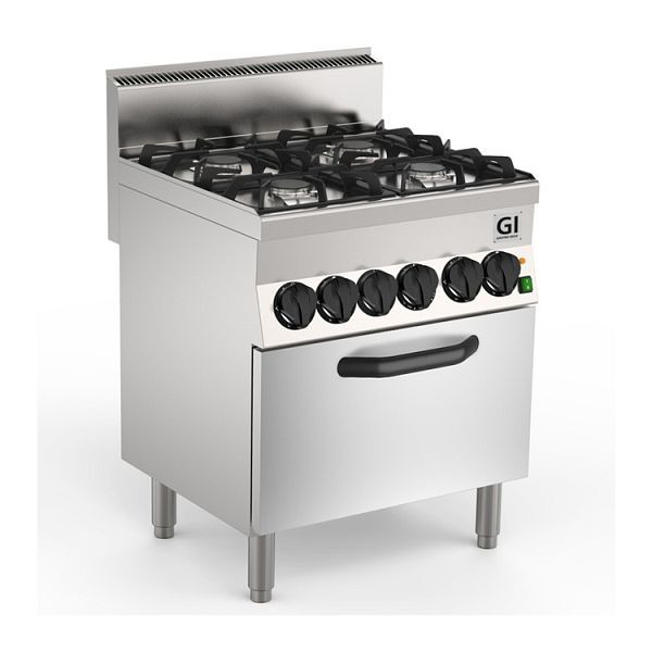 Estufa de gas Gastro-Inox 650 &quot;High Performance&quot; con 4 fuegos y horno eléctrico de aire caliente, 70cm, modelo de pie, quemador: 2x 3,5kW + 2x 6kW, 160.010