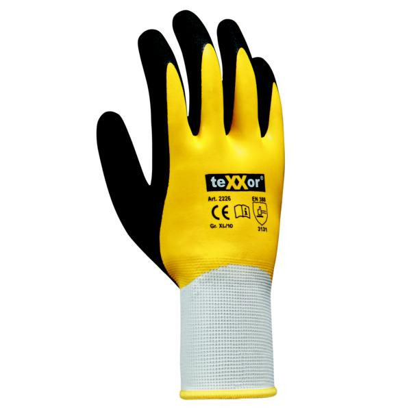 teXXor guantes de punto de poliéster LATEX, talla: 10, color: blanco/amarillo/negro, paquete: 120 pares, 2226-10