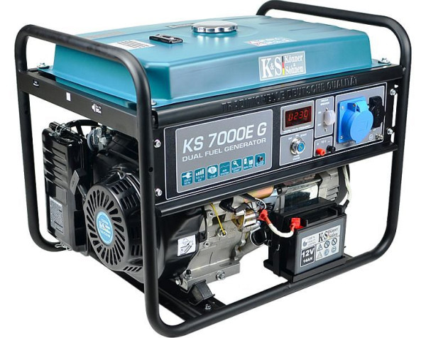 Könner & Söhnen 5500W, DUAL FUEL gasolina/GLP, arranque electrónico, generador HYBRID, 1x16A(230V)/1x32A(230V), 12V, regulador de voltaje, pantalla, KS 7000E G