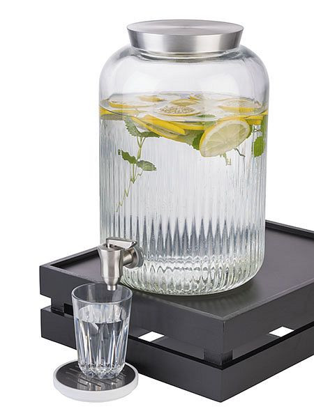 Dispensador de bebidas APS, Ø 20 cm, altura: 30,5 cm, 7 litros, vidrio, acero inoxidable, con tapa y grifo, 10855