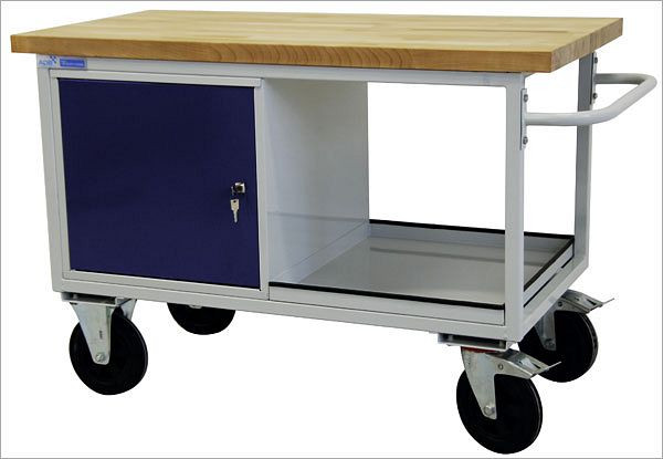 Carro de mesa ADB con 1 armario de chapa de acero, 840x1300x600 mm, color del carro de mesa: gris claro, RAL 7035, color de puerta/cajón: azul claro (RAL 5012), 42743