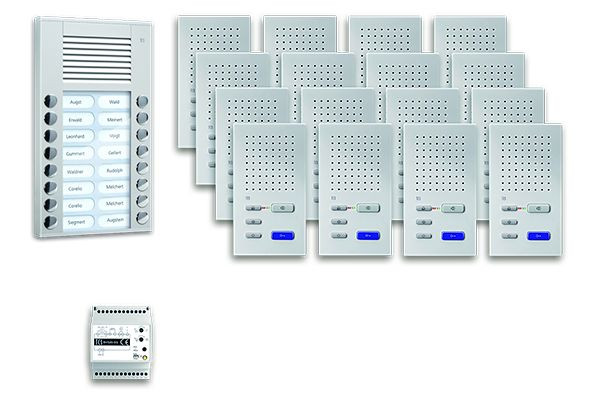 Sistema de control de puerta TCS audio: paquete AP para 16 unidades residenciales, con estación exterior PES 16 botones de timbre, 16 altavoces manos libres ISW3030, unidad de control, PPAF16-EN / 02