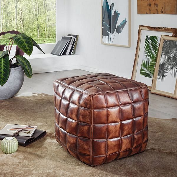 Asiento cubo Wohnling STANLEY de cuero auténtico marrón 39 x 41 x 39 cm otomana para salón, WL5.331