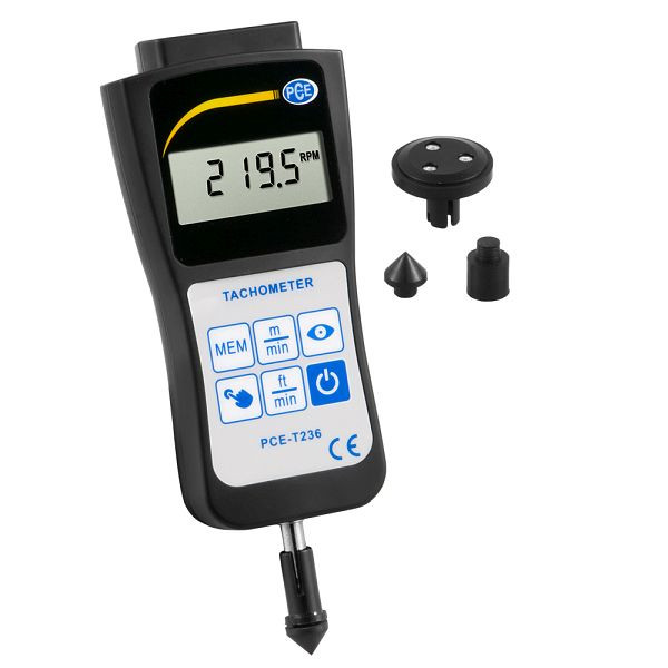 PCE Instruments Tacómetro para velocidades de hasta 99.999 rpm, funciona con batería, 65 x 215 x 38 mm, PCE-T236