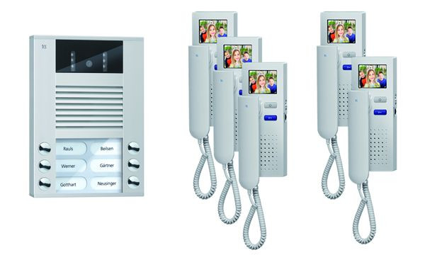 Video del sistema de control de puerta TCS: paquete AP para 5 unidades residenciales, con estación de puerta principal AVE 6 botones de timbre, 5x videoportero IVH3222, control, PVE1550-0010