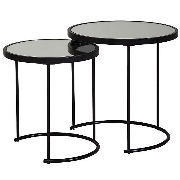 Wohnling Design mesa auxiliar redonda Ø 50/42 cm - 2 piezas negra con cristal de espejo, WL5.985