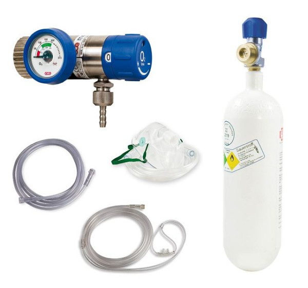 Equipo de oxígeno completo MBS Medizintechnik - reductor de presión y botella 2 litros - botella de acero, opción 2 acero