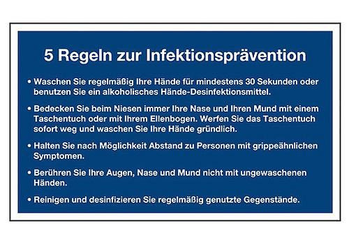 Aviso de DENIOS "5 reglas para la prevención de infecciones", lámina, 200 x 120 mm, azul, 273-302