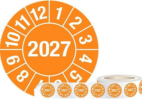Etiqueta de prueba DENIOS "2027", naranja, lámina, 30 mm, UE: 1 rollo con 1000 piezas, 290-144