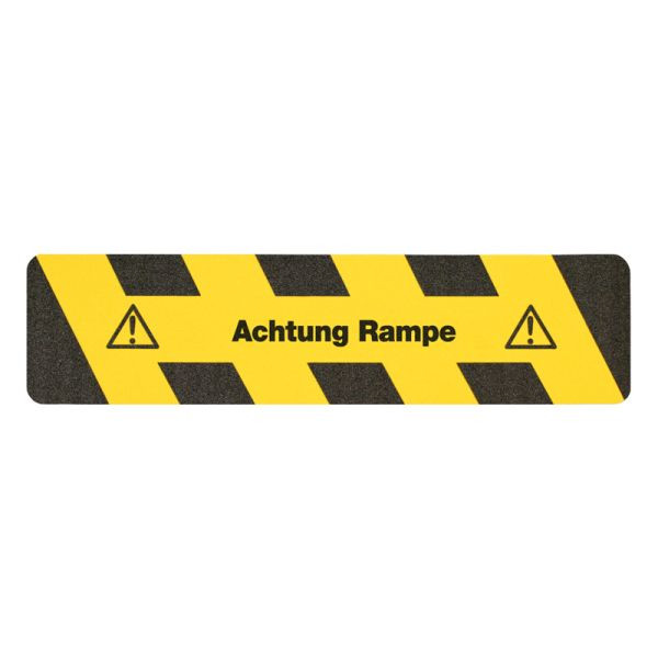 cubierta antideslizante m2 marca de advertencia negro/amarillo con texto &quot;Rampa de precaución&quot; rayas 150x610mm, M141500610