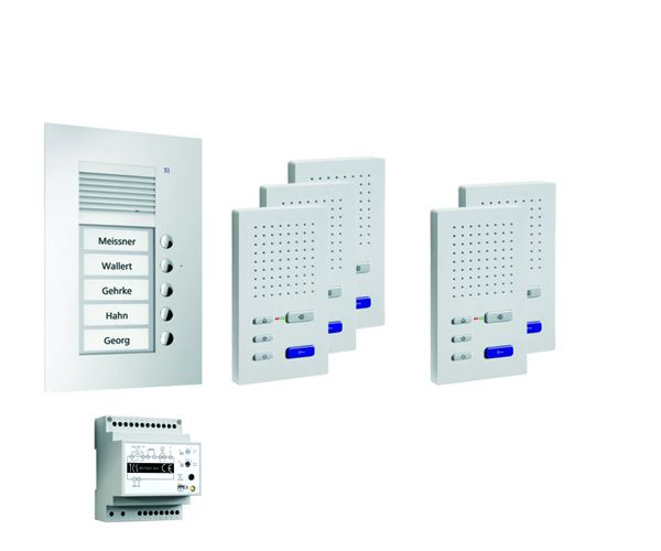 Sistema de control de puerta TCS audio: paquete UP para 5 unidades residenciales, con placa exterior PUK 5 botones de timbre, 5 altavoces manos libres ISW3030, unidad de control BVS20, PPUF05-EN / 02