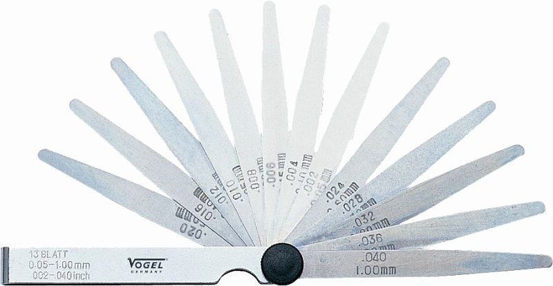 Juego de galgas de espesores Vogel Germany, individualmente en lámina, 0.05 - 1.00 mm / .002 - .040 pulgadas, 13 hojas, 411005