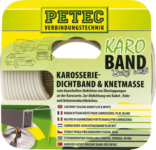 Petec Karo - cinta, cinta selladora de carrocería, butilo, plana, blanca, 20 mm x 2 mm x 3 m, tarjeta de autoservicio, 87530