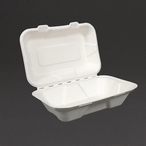 Cajas desechables compostables Vegware con tapa abatible de Bargasse 22,8cm, PU: 200 piezas, GH026