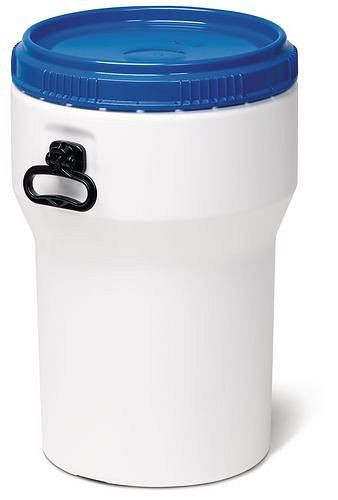Bidón de boca ancha DENIOS de PE, 40 litros, con tapa, blanco/azul, encajable, homologación UN, 217-399