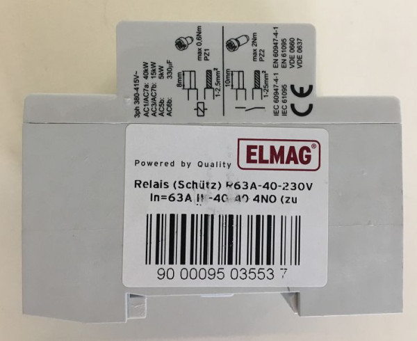 Relé (contactor) ELMAG R63A-40-230V 4P, In=63A IK-40-40 4NO (para control ISO), 9503553