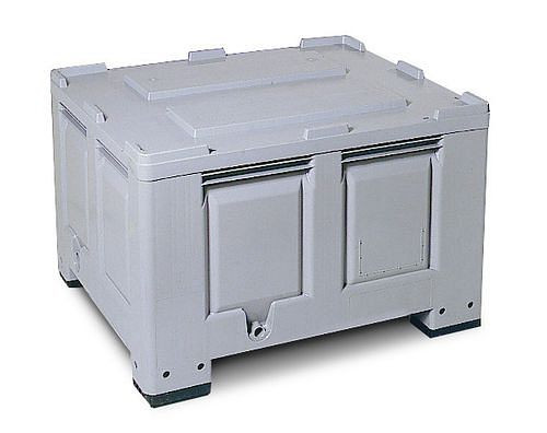 Caja palet DENIOS PB 10-K de plástico, con 3 guías, volumen 670 litros, 117-887