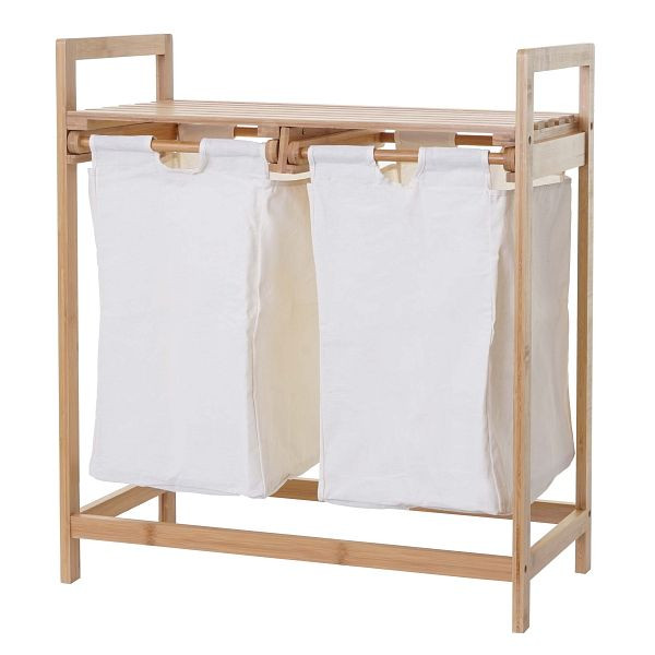 Cesto de ropa Mendler HWC-B83, Clasificador de ropa, cesto de ropa, bambú 2 compartimentos 74x64x33cm 70l, blanco, 60731
