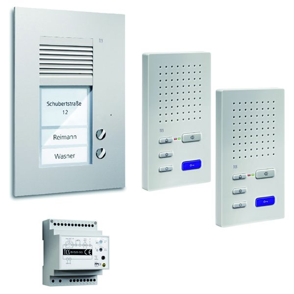 Sistema de control de puerta TCS audio: paquete UP para 2 unidades residenciales, con estación exterior PUK 2 botones de timbre, 2 altavoces manos libres ISW3130, unidad de control BVS20, PSU2220-0000