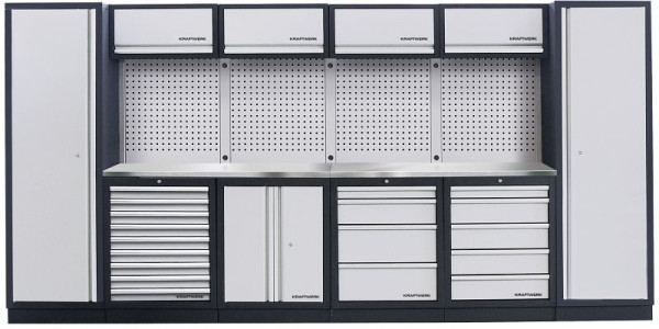 Kraftwerk MOBILIO Sistema de armario de taller de 6 elementos con encimera INOX inoxidable, con pared cuadrada perforada, 3964FIX