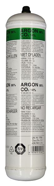 ELMAG botella desechable mezcla de gases Ar 86% / Co2 14%, 1 L / 110 bar, altura: 310 x Ø 73 mm, 54100