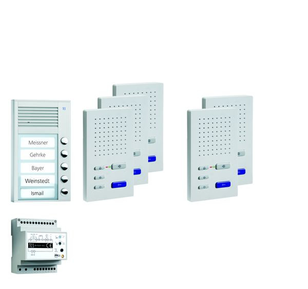 Sistema de control de puerta TCS audio: paquete AP para 5 unidades residenciales, con placa exterior PAK 5 botones de timbre, 5 altavoces manos libres ISW3030, unidad de control BVS20, PPAF05-EN / 02