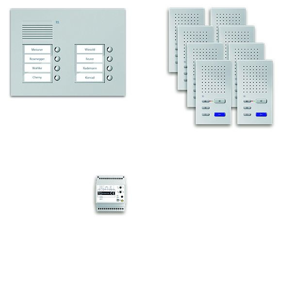 Sistema de control de puerta TCS audio: paquete UP para 8 unidades residenciales, con placa exterior PUK 8 botones de timbre 2 columnas, 8x altavoz manos libres ISW3030, control, PPUF08 / 2-EN / 02