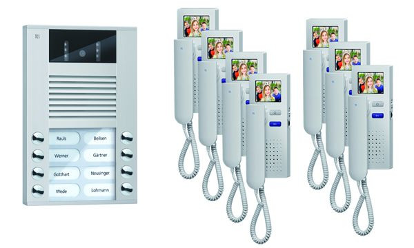 Video del sistema de control de puerta TCS: paquete AP para 7 unidades residenciales, con estación de puerta principal AVE 8 botones de timbre, 7x videoportero IVH3222, control, PVE1570-0010