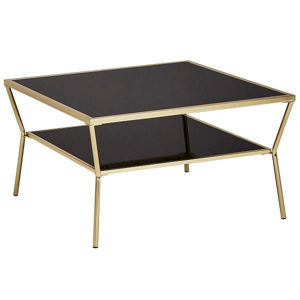 Wohnling Design mesa de centro de cristal negro 70 x 70 cm, 2 niveles, estructura de metal dorado, cuadrada, WL5.992