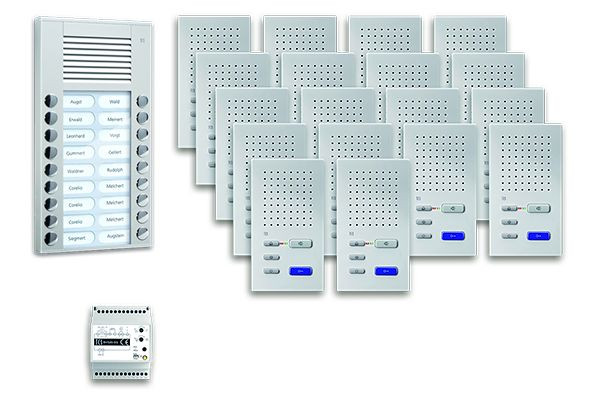 Sistema de control de puerta TCS audio: paquete AP para 18 unidades residenciales, con estación exterior PES 18 botones de timbre, 18 altavoces manos libres ISW3030, unidad de control, PPAF18-EN / 02