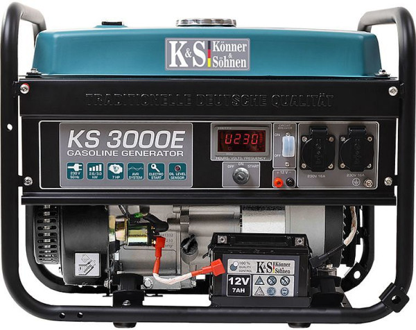 Könner & Söhnen Generador eléctrico de arranque eléctrico de gasolina de 3000 W, 2x16 A (230 V), 12 V, regulador de voltaje, protección contra bajo nivel de aceite, protección contra sobretensiones, pantalla, KS 3000E