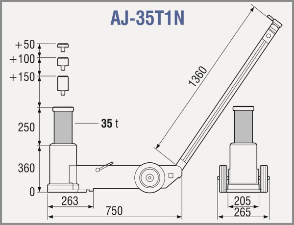 Gato hidráulico neumático TDL de 1 etapa, capacidad: 35t, AJ-35T1N