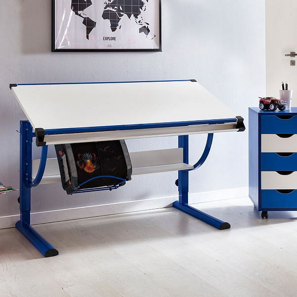 Wohnling Design escritorio infantil MORITZ madera 120 x 60 cm azul / blanco, inclinación regulable, WL5.127