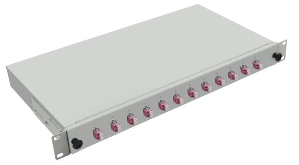 Caja de conexiones Helos de fibra óptica de 19&quot; con 12 acoplamientos dúplex LC OM4, gris, 252009