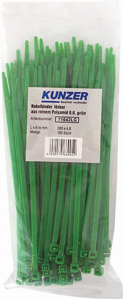 Kunzer Bridas para cables 200 x 4,8 verdes (100 piezas) desmontables, 71042LG
